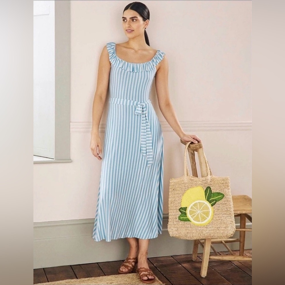 Boden Light Blue and White Striped Midi Dress